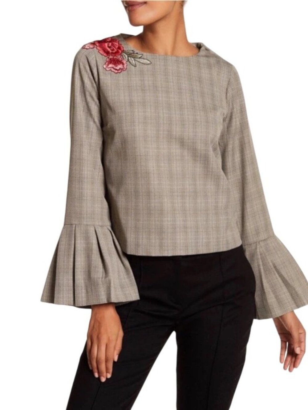Harlow Graham Floral Embroidered Plaid Blouse